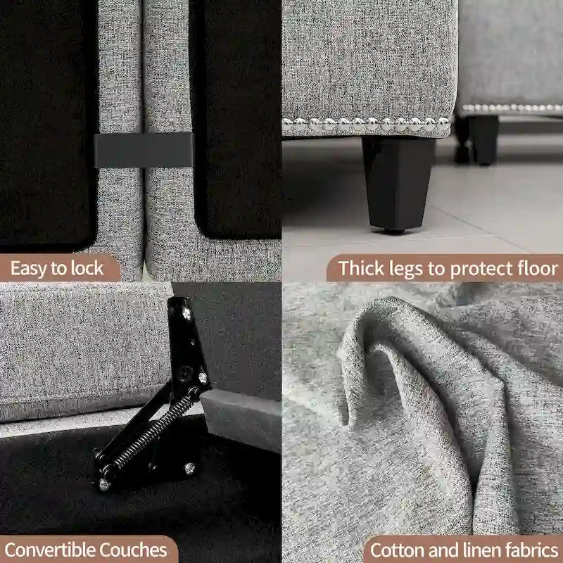 Grand canapé d'angle en U 6 places avec rangement, méridienne réversible et coussins moelleux et profonds