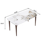 Table à manger moderne en ardoise, plateau en pierre frittée motif Pandora et pieds en métal.
