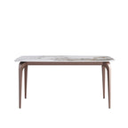Table à manger moderne en ardoise, plateau en pierre frittée motif Pandora et pieds en métal.