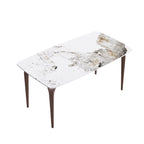 Table à manger moderne en ardoise, plateau en pierre frittée motif Pandora et pieds en métal.