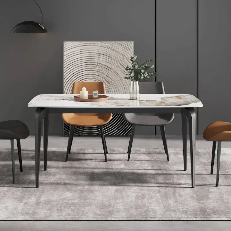 Table à manger moderne en ardoise, plateau en pierre frittée motif Pandora et pieds en métal.
