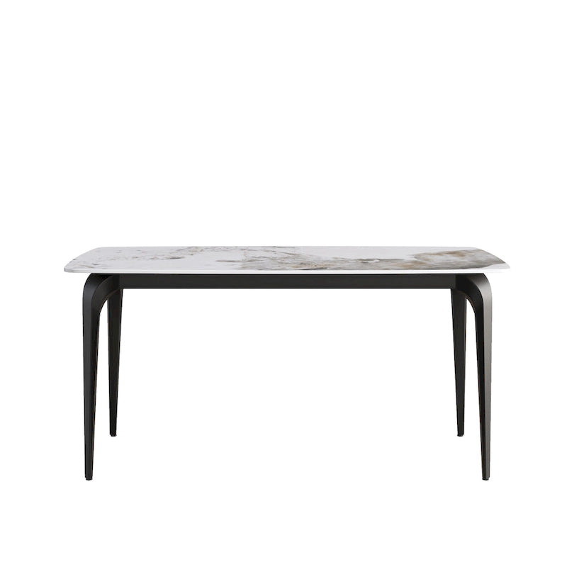 Table à manger moderne en ardoise, plateau en pierre frittée motif Pandora et pieds en métal.