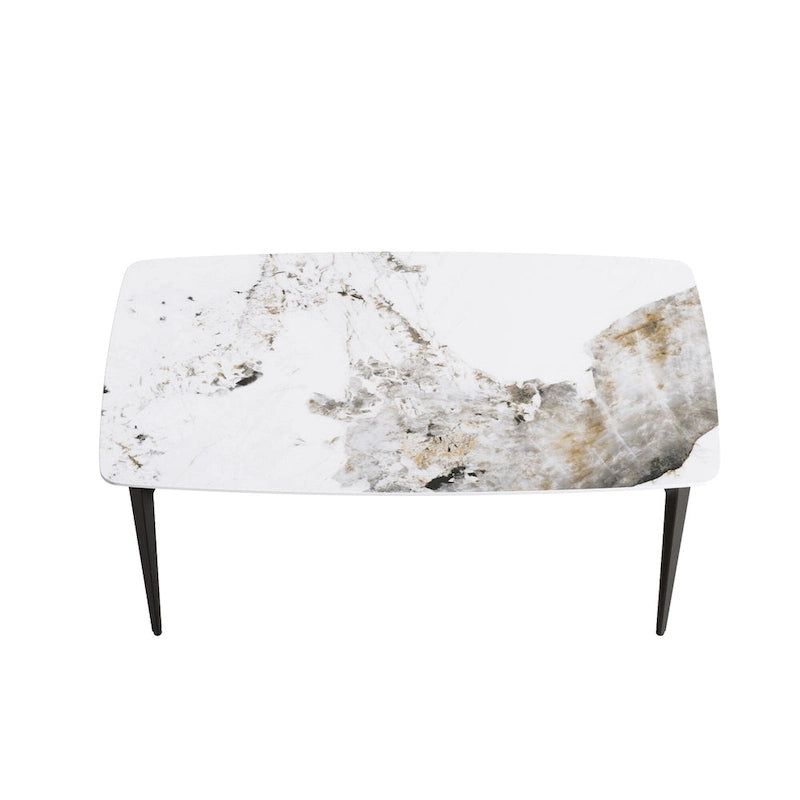 Table à manger moderne en ardoise, plateau en pierre frittée motif Pandora et pieds en métal.