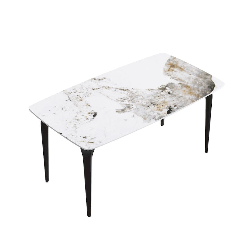 Table à manger moderne en ardoise, plateau en pierre frittée motif Pandora et pieds en métal.