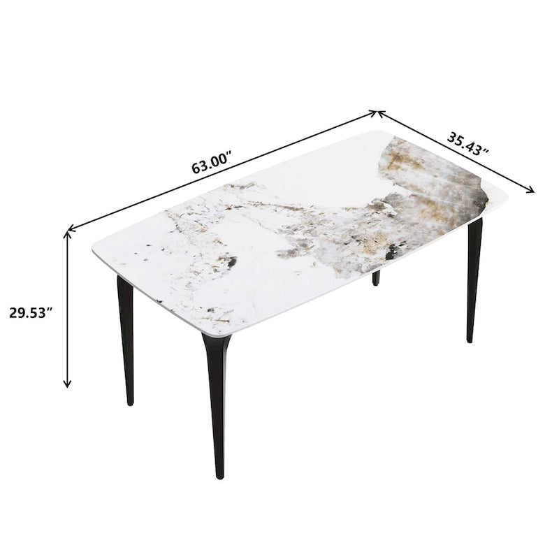 Table à manger moderne en ardoise, plateau en pierre frittée motif Pandora et pieds en métal.