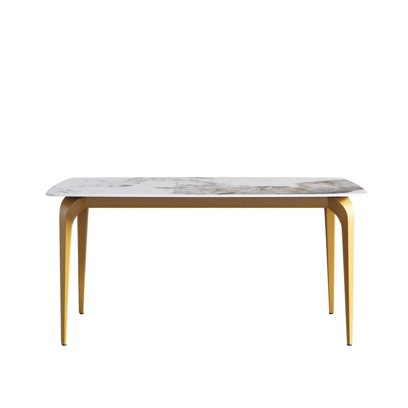 Table à manger moderne en ardoise, plateau en pierre frittée motif Pandora et pieds en métal.