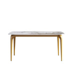 Table à manger moderne en ardoise, plateau en pierre frittée motif Pandora et pieds en métal.