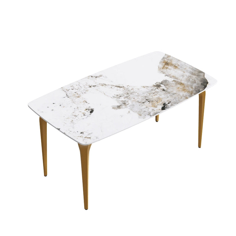 Table à manger moderne en ardoise, plateau en pierre frittée motif Pandora et pieds en métal.