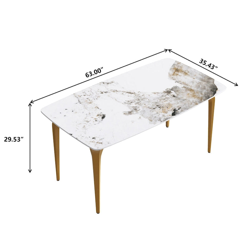 Table à manger moderne en ardoise, plateau en pierre frittée motif Pandora et pieds en métal.