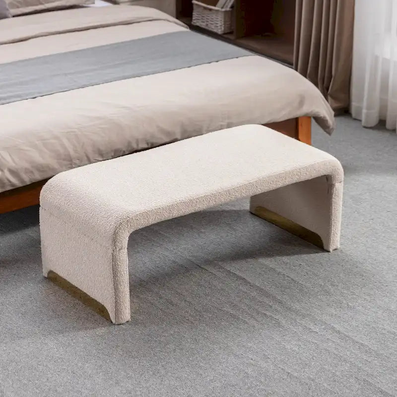 Banc de chambre/repose-pieds/banquette à chaussures moderne en tissu bouclette avec pieds en métal doré