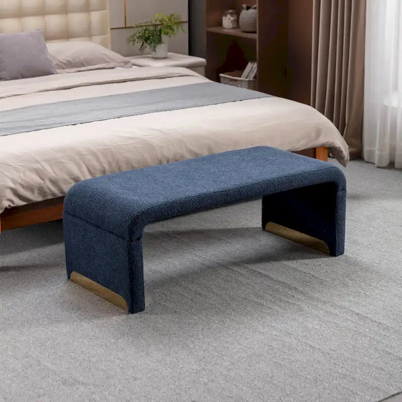 Banc de chambre/repose-pieds/banquette à chaussures moderne en tissu bouclette avec pieds en métal doré