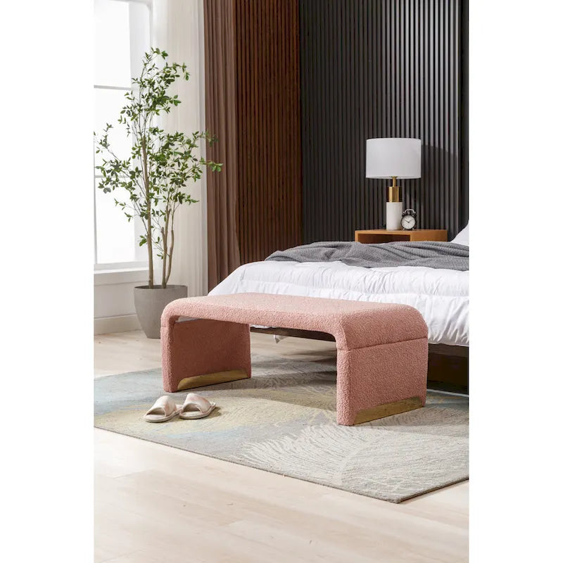 Banc de chambre/repose-pieds/banquette à chaussures moderne en tissu bouclette avec pieds en métal doré