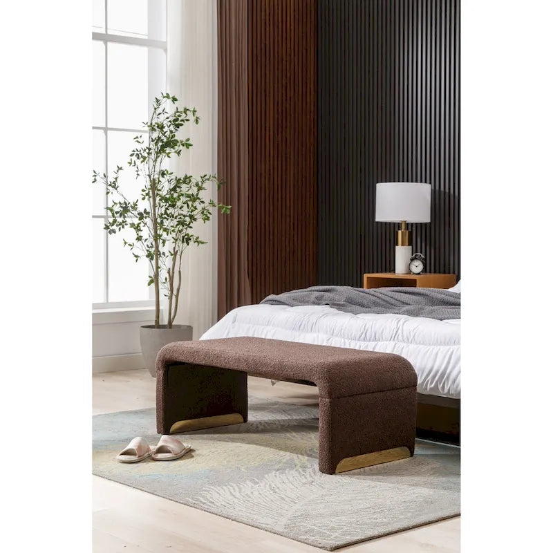 Banc de chambre/repose-pieds/banquette à chaussures moderne en tissu bouclette avec pieds en métal doré
