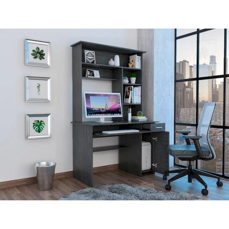 Bureau informatique 180 Hutch avec 5 étagères, tablette coulissante pour clavier, panneau d'unité centrale et tiroir