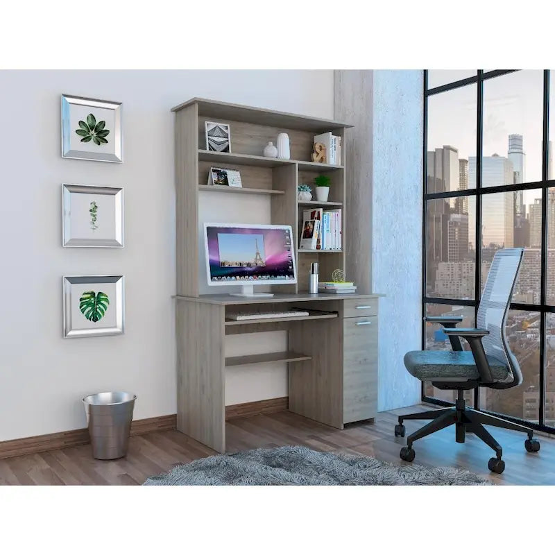 Bureau informatique 180 Hutch avec 5 étagères, tablette coulissante pour clavier, panneau d'unité centrale et tiroir
