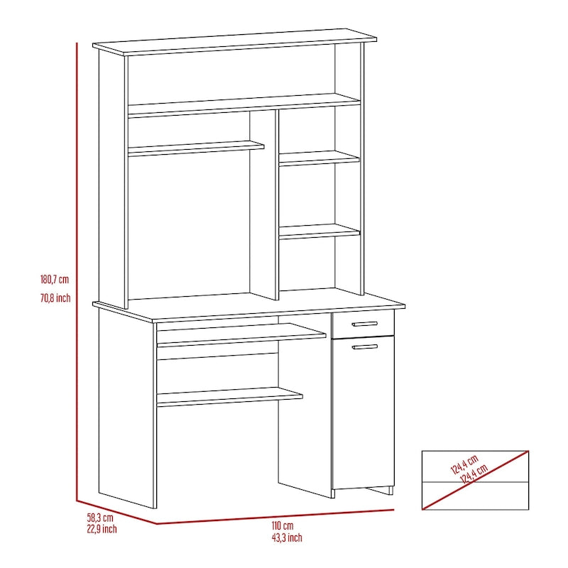 Bureau informatique 180 Hutch avec 5 étagères, tablette coulissante pour clavier, panneau d'unité centrale et tiroir