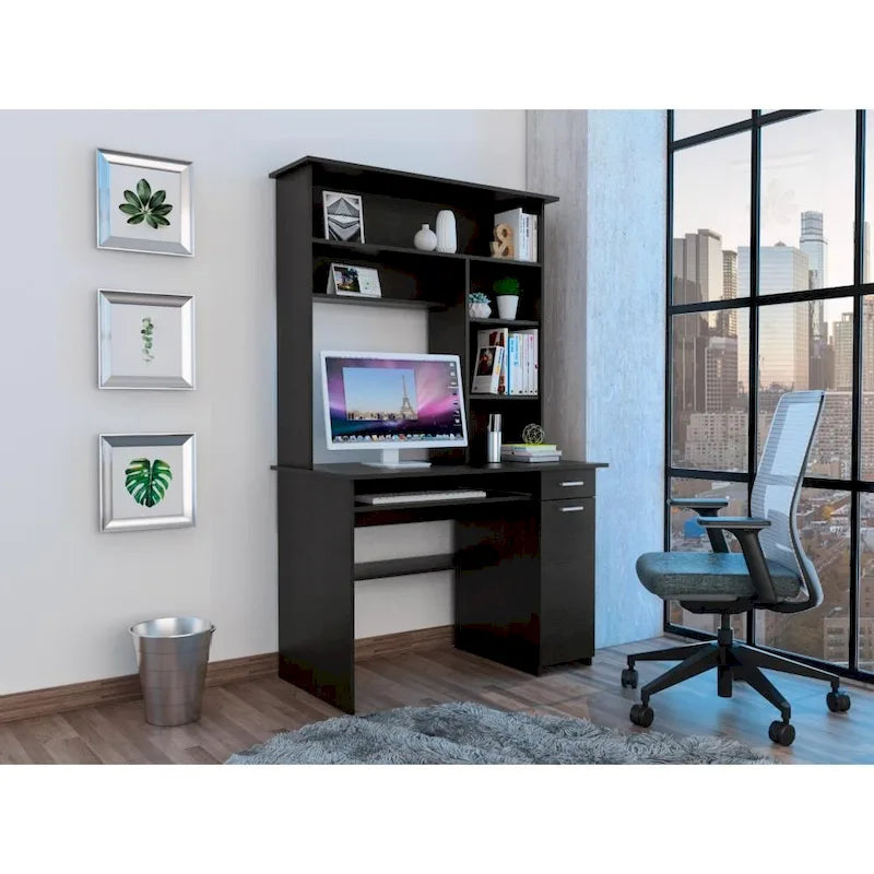 Bureau informatique 180 Hutch avec 5 étagères, tablette coulissante pour clavier, panneau d'unité centrale et tiroir