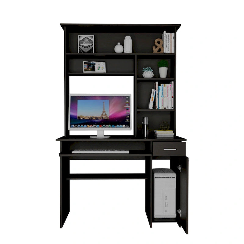 Bureau informatique 180 Hutch avec 5 étagères, tablette coulissante pour clavier, panneau d'unité centrale et tiroir
