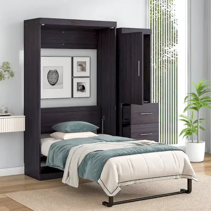 Lit escamotable double avec armoire et tiroirs, Lit de rangement, peut être plié en armoire, Gris