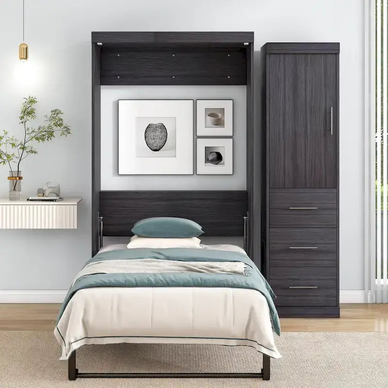 Lit escamotable double avec armoire et tiroirs, Lit de rangement, peut être plié en armoire, Gris