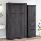 Lit escamotable double avec armoire et tiroirs, Lit de rangement, peut être plié en armoire, Gris