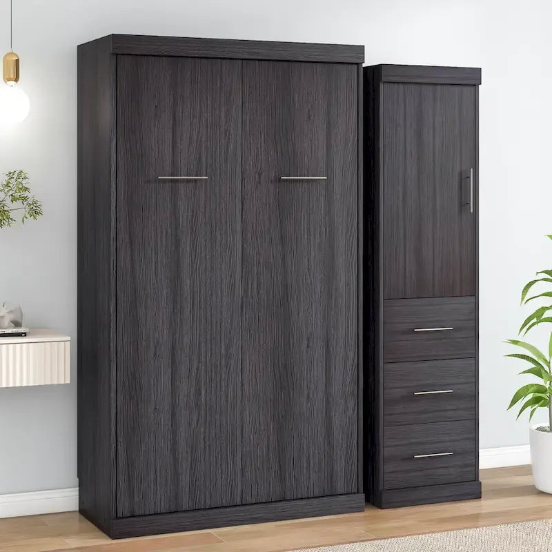 Lit escamotable double avec armoire et tiroirs, Lit de rangement, peut être plié en armoire, Gris