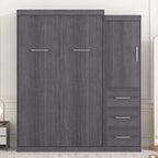 Lit escamotable double avec armoire et tiroirs, Lit de rangement, peut être plié en armoire, Gris