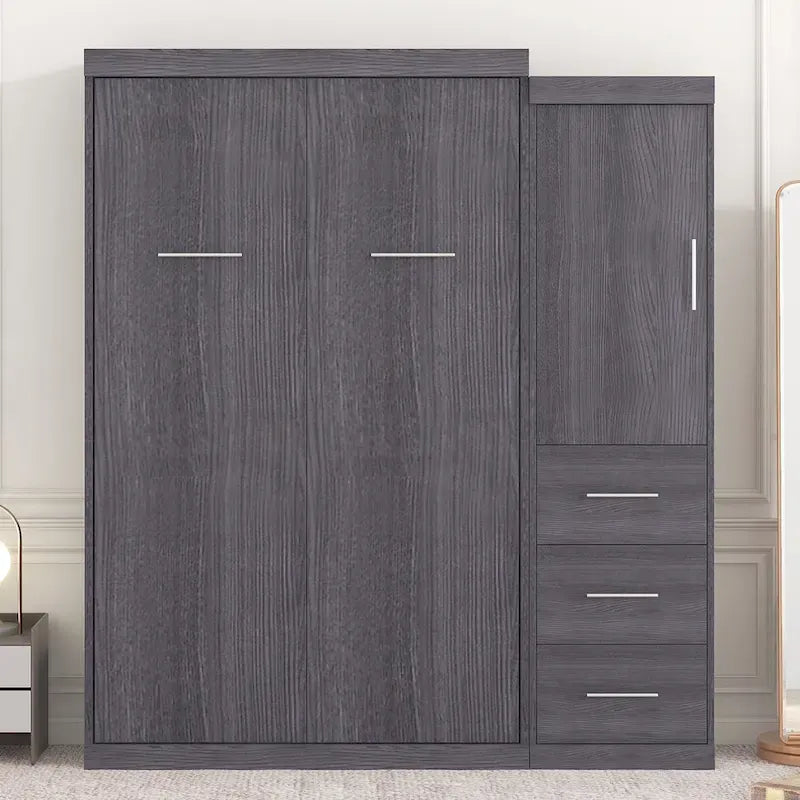 Lit escamotable double avec armoire et tiroirs, Lit de rangement, peut être plié en armoire, Gris
