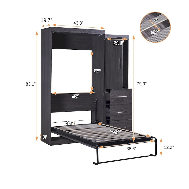 Lit escamotable double avec armoire et tiroirs, Lit de rangement, peut être plié en armoire, Gris