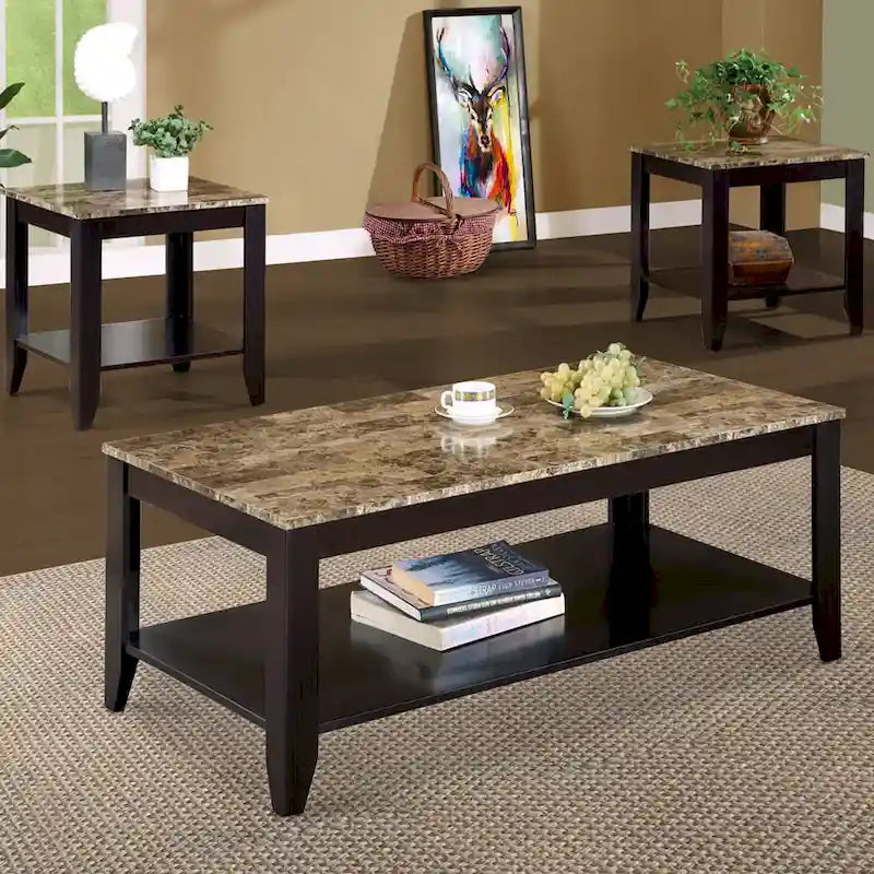 Ensemble de 3 tables d'appoint artistiques avec plateau en marbre, marron