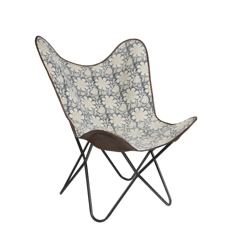 Chaise papillon style écharpe en similicuir à motif floral bleu et blanc
