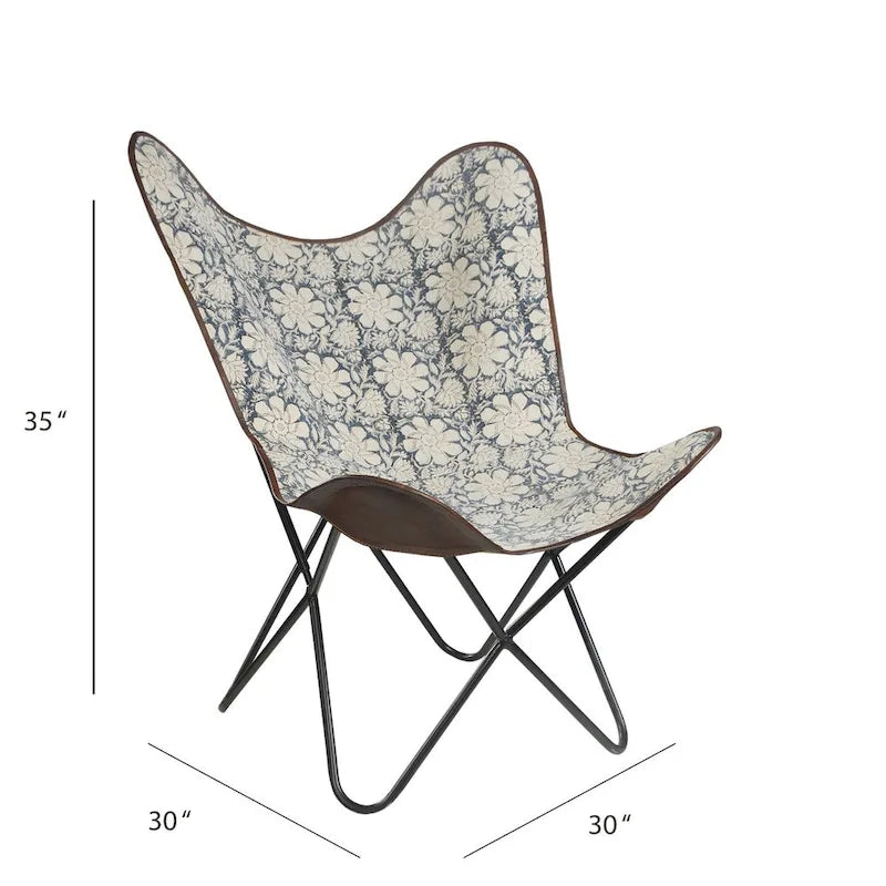 Chaise papillon style écharpe en similicuir à motif floral bleu et blanc