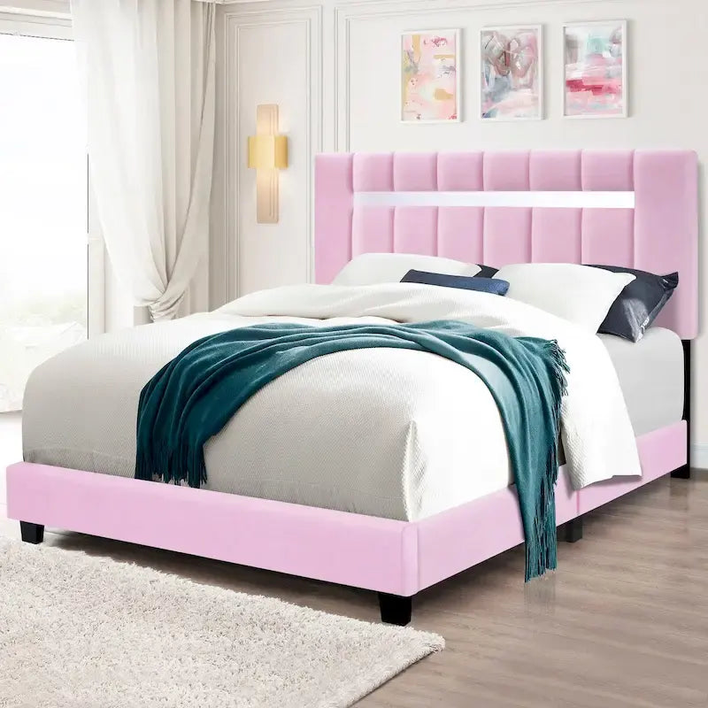 Cadre de lit rembourré en velours rose avec fonctions réglables, collection rose préférée des adolescentes