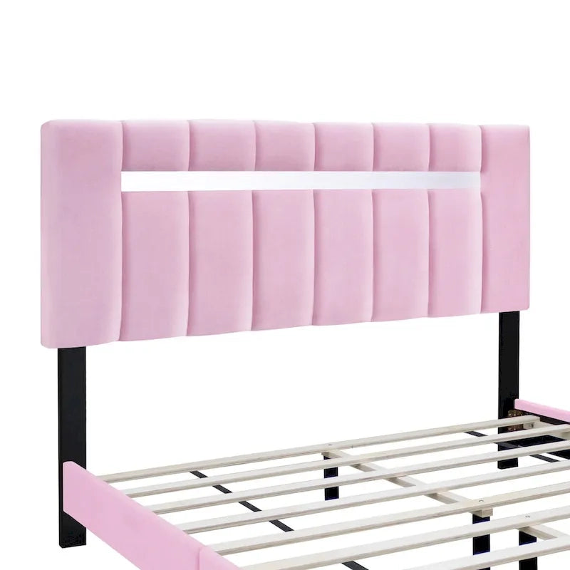 Cadre de lit rembourré en velours rose avec fonctions réglables, collection rose préférée des adolescentes