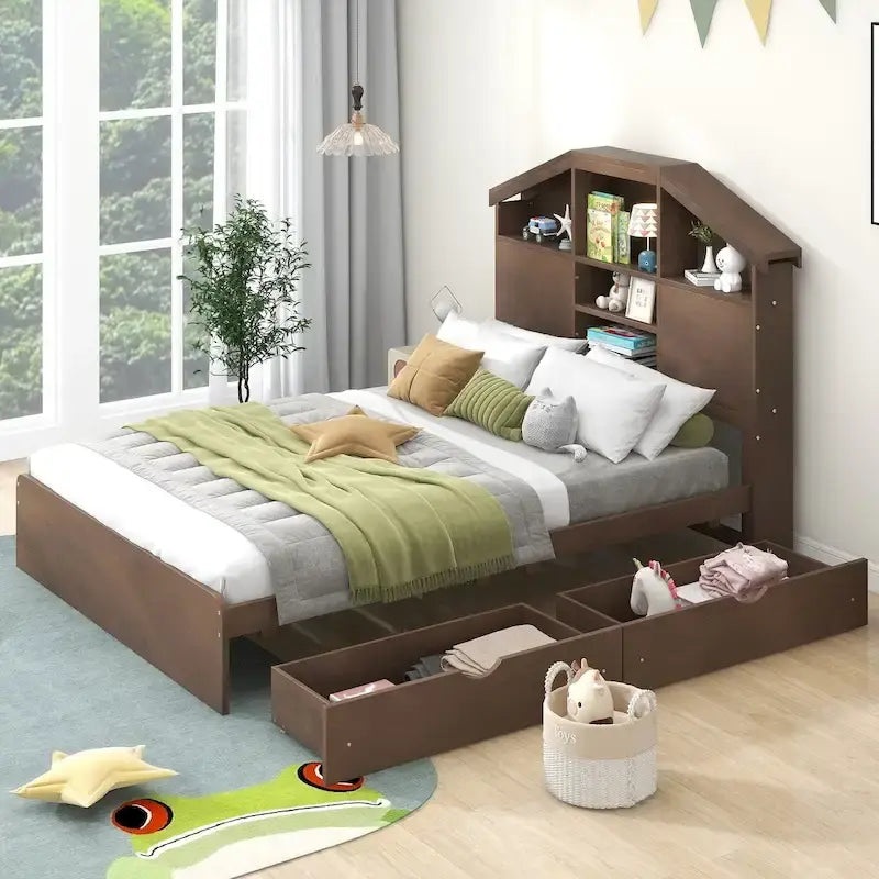 Lit plateforme en bois avec tête de lit en forme de maison avec rangement et 2 tiroirs