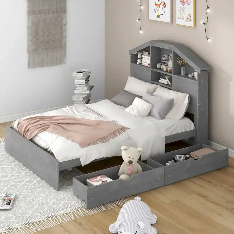 Lit plateforme en bois avec tête de lit en forme de maison avec rangement et 2 tiroirs