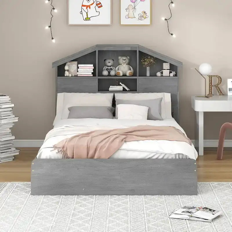 Lit plateforme en bois avec tête de lit en forme de maison avec rangement et 2 tiroirs