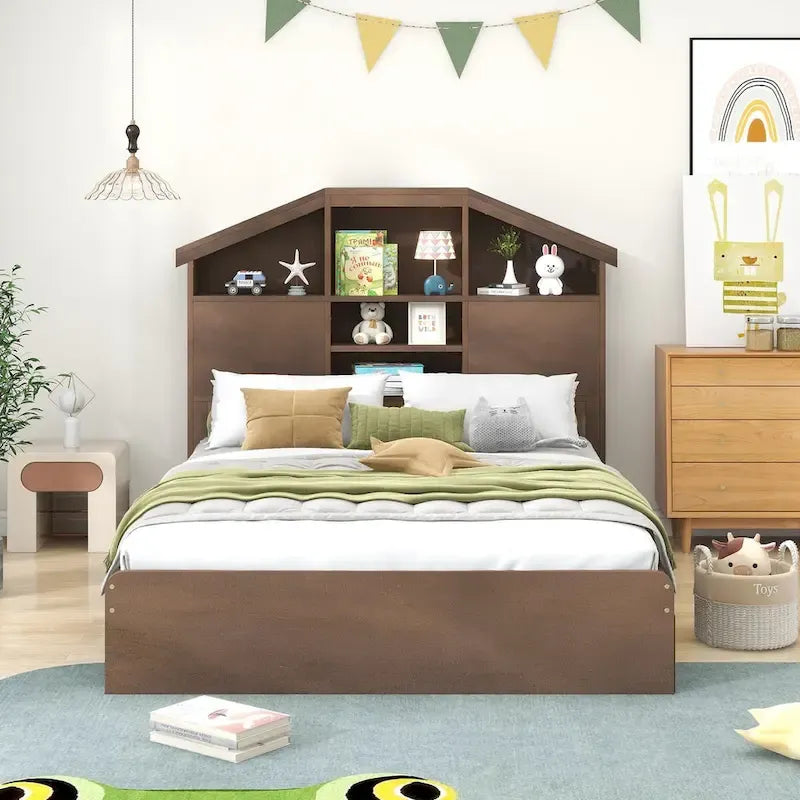 Lit plateforme en bois avec tête de lit en forme de maison avec rangement et 2 tiroirs