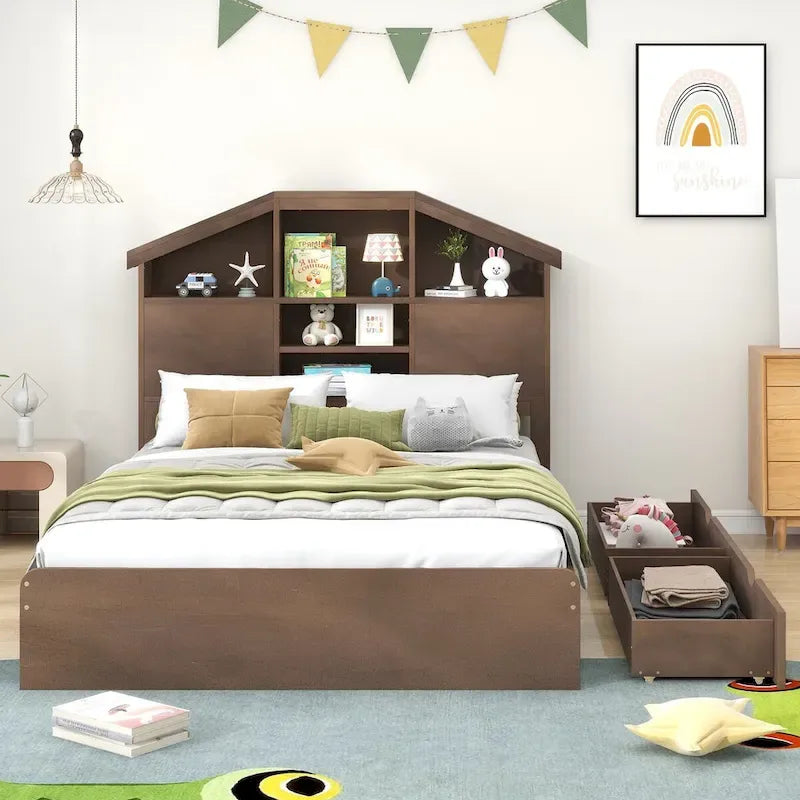 Lit plateforme en bois avec tête de lit en forme de maison avec rangement et 2 tiroirs