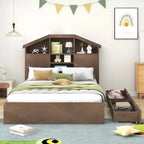 Lit plateforme en bois avec tête de lit en forme de maison avec rangement et 2 tiroirs
