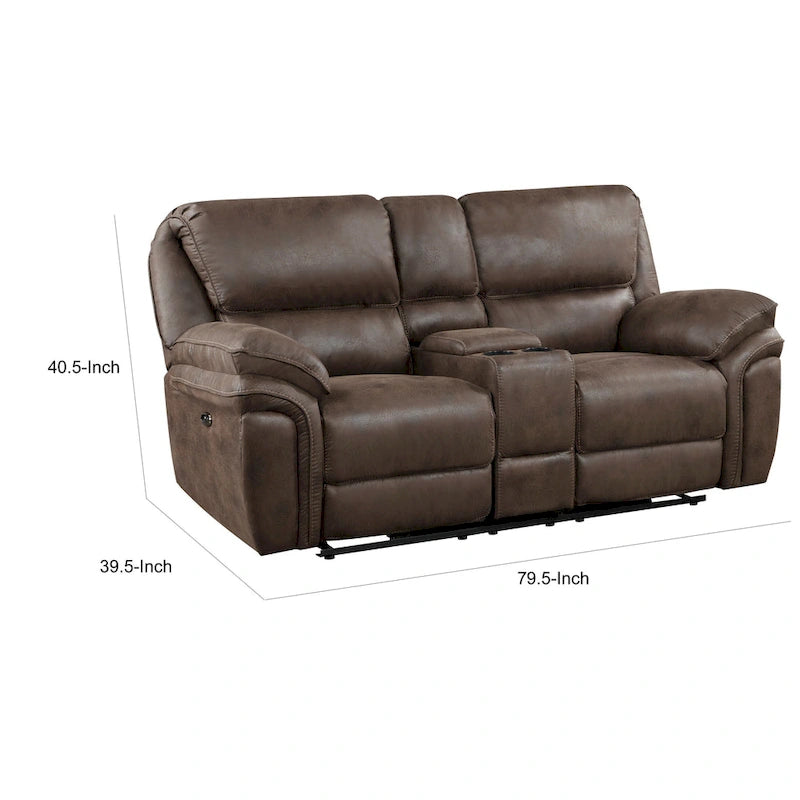 Causeuse inclinable électrique double Tony 80 po, console porte-gobelets, USB, marron