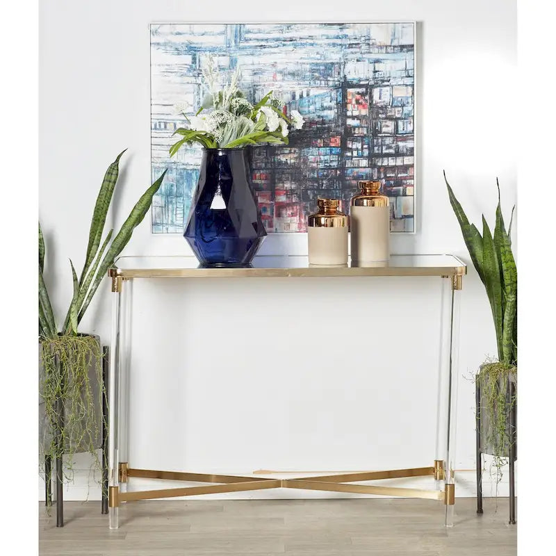 Console en métal avec plateau miroir et pieds en acrylique - Or ou Argent