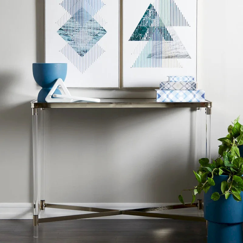 Console en métal avec plateau miroir et pieds en acrylique - Or ou Argent