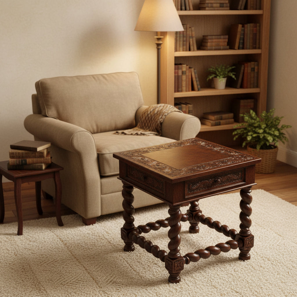 Handmade Viceroy Single Drawer Dark Brown Leather and Mohena Wood End Table (Peru)