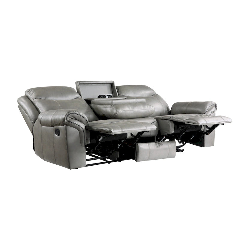 Canapé inclinable manuel double 80 po Max, porte-gobelets, USB, similicuir gris
