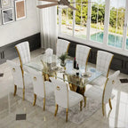 Chaises de salle à manger de luxe en velours blanc avec anneau de tirage à l'arrière et pieds en or poli