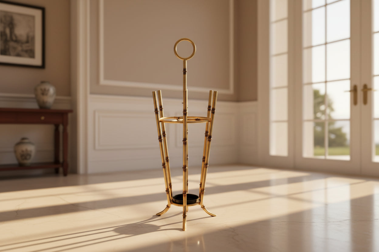Antique Gold Iron Bamboo Umbrella Stand Angled - 12.5x12.5x35